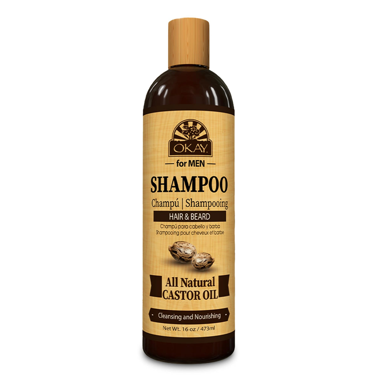 OKAY for MEN Castor Oil Shampoo bottle front, showcasing hydrating formula.
