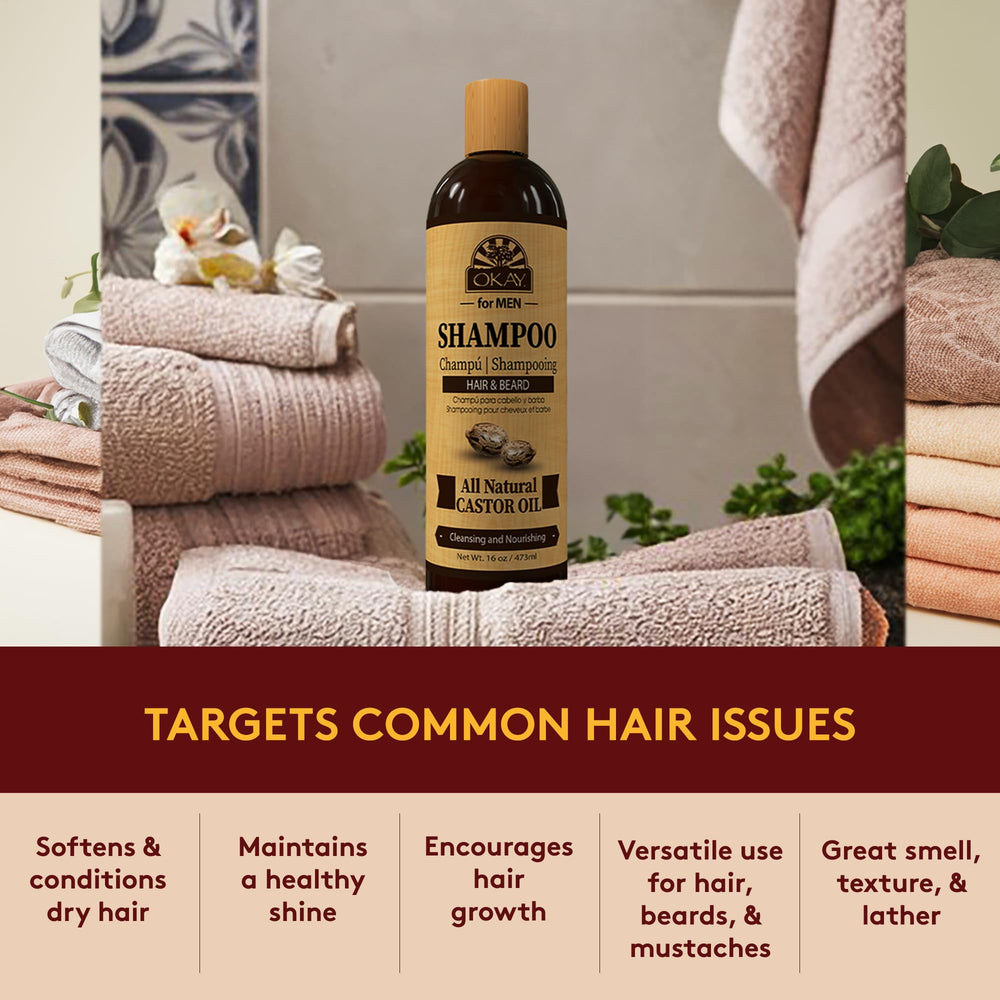 Daily-use routine with OKAY for MEN Castor Oil Shampoo for refreshed hair.
