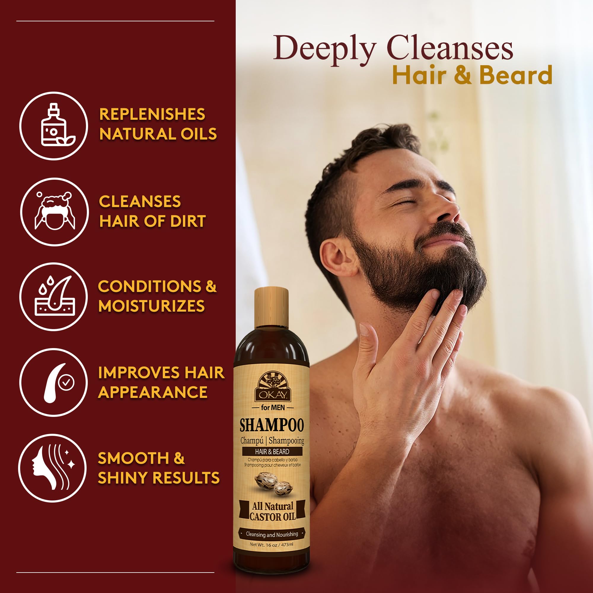 Creamy lather close-up from OKAY Castor Oil Shampoo for hair and beard care.