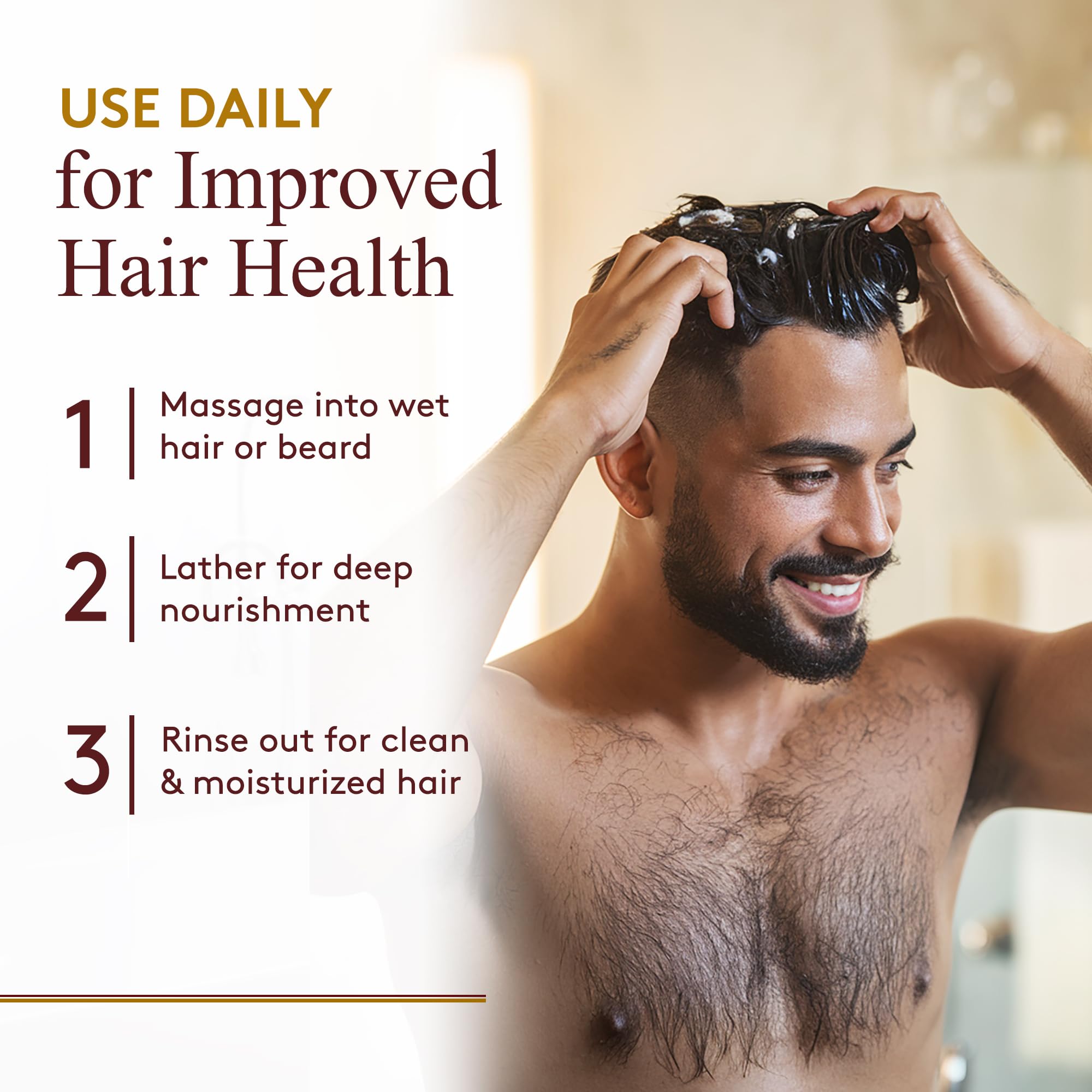 Wet hair being massaged with OKAY Castor Oil Shampoo for gentle cleansing.