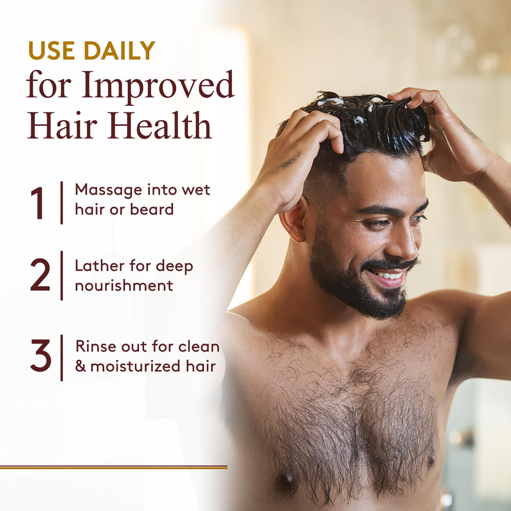 Wet hair being massaged with OKAY Castor Oil Shampoo for gentle cleansing.