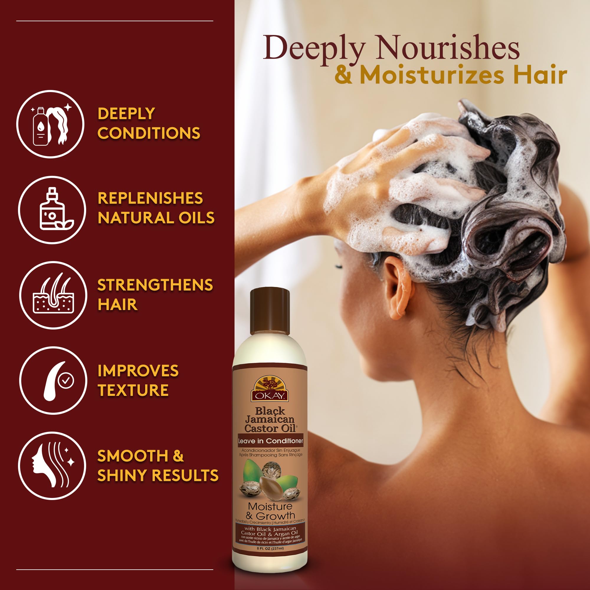 OKAY Jamaican Castor Oil leave in conditioner application on curls improves detangling.