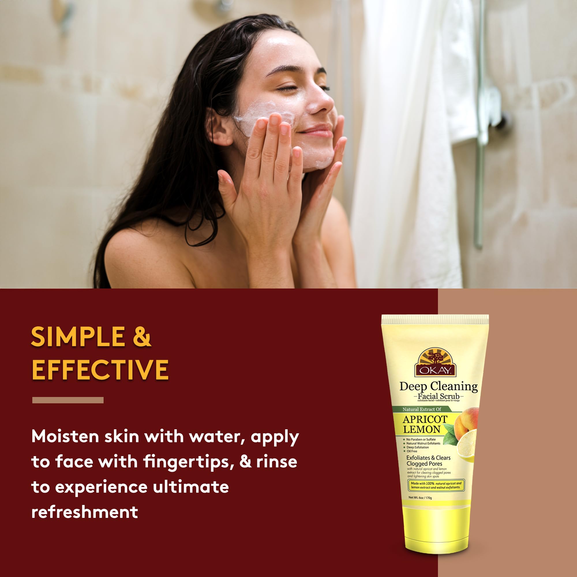 OKAY Oil Control Facial Scrub apricot aroma image evokes energizing daily cleansing ritual.