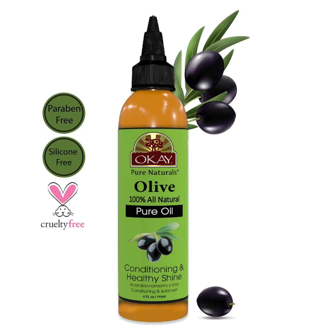 OKAY olive oil after-shower massage demonstrates relaxing nourishment.