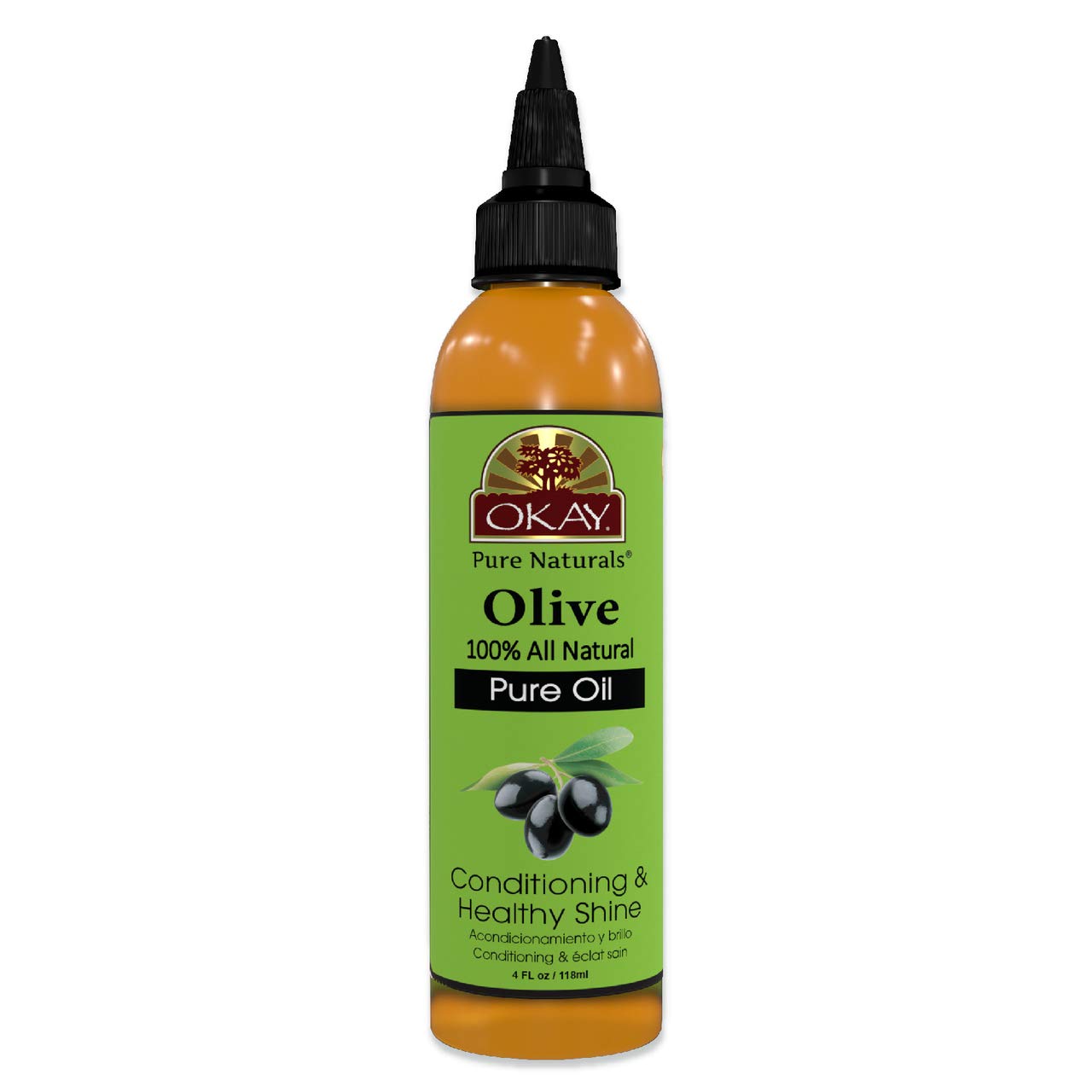 OKAY olive oil bottle pour promotes skin and hair hydration.