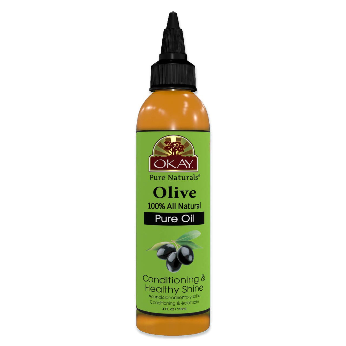 OKAY olive oil bottle pour promotes skin and hair hydration.