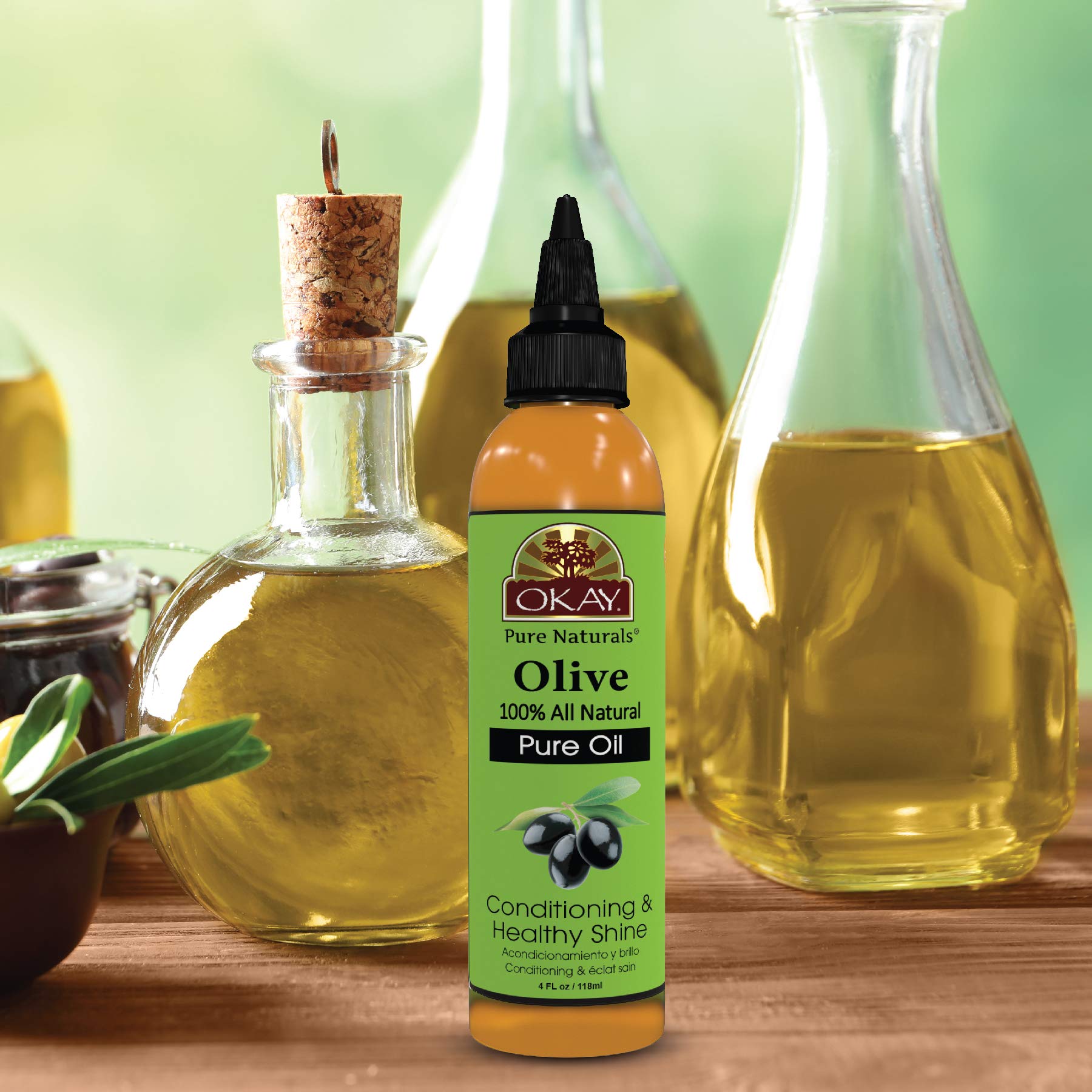 OKAY olive oil scalp-care scene emphasizes balanced hydration.