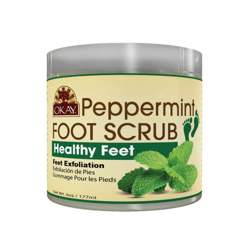 OKAY Peppermint Foot Scrub packaging shows natural ingredients for at-home pedicures