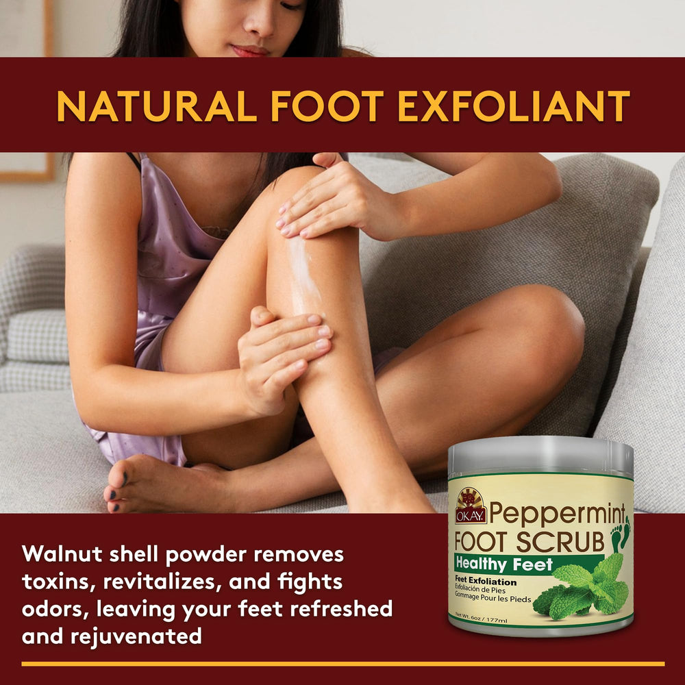 OKAY Peppermint Foot Scrub texture close-up highlights gritty walnut powder for exfoliation