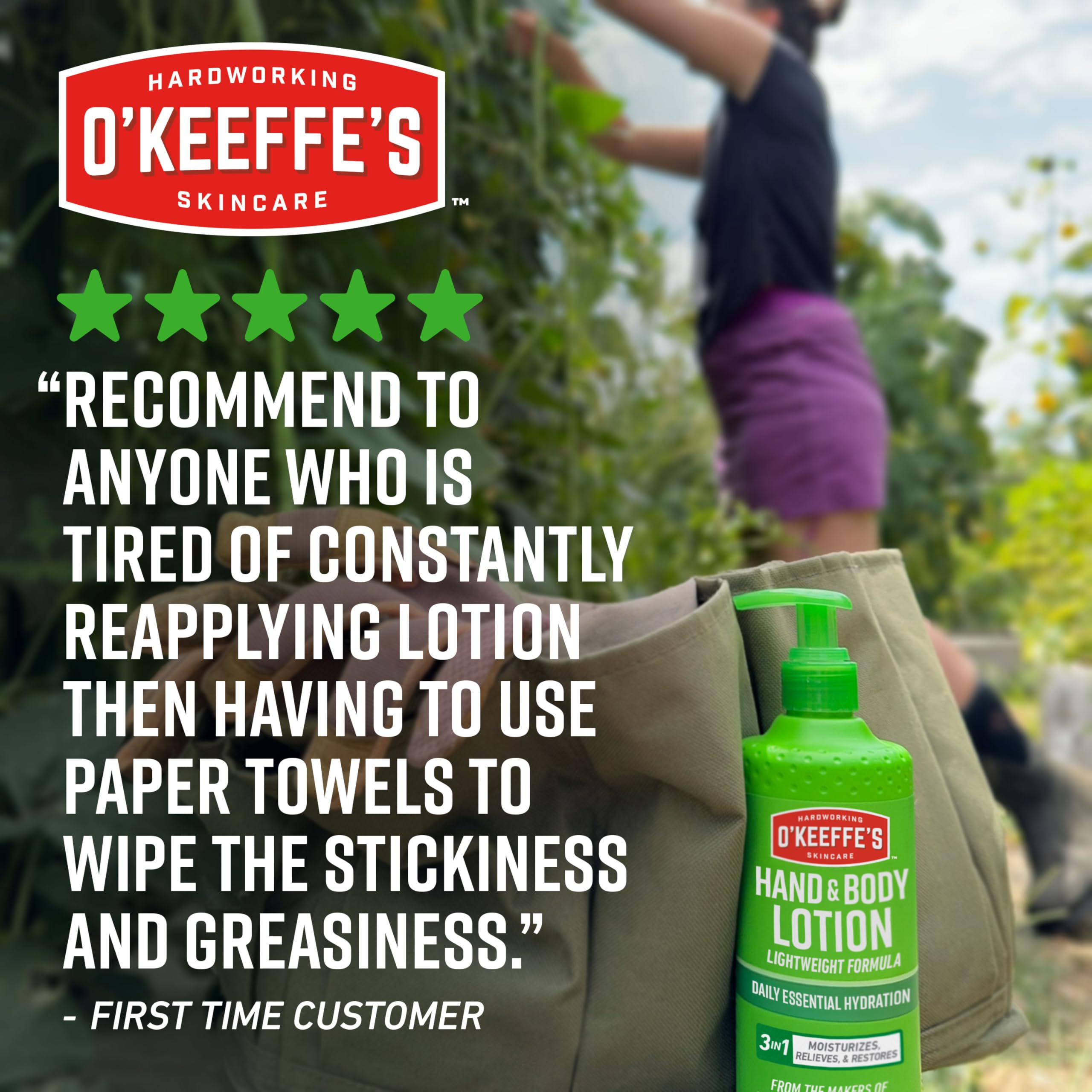 O'Keeffe's hand and body lotion daily-use application on arms and hands enhances softness.