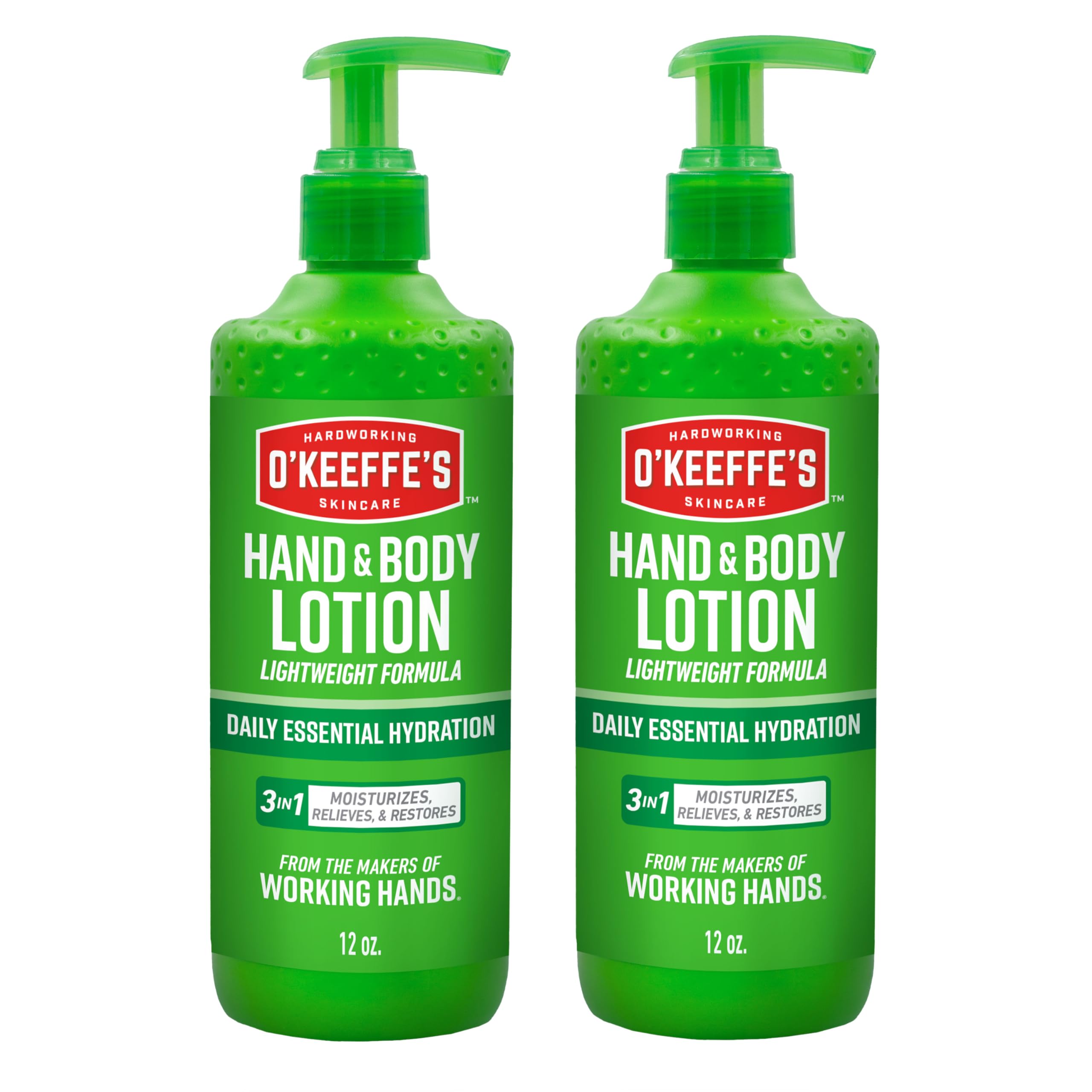 O'Keeffe's hand and body lotion pump 12oz 2-pack shown for easy daily hydration.