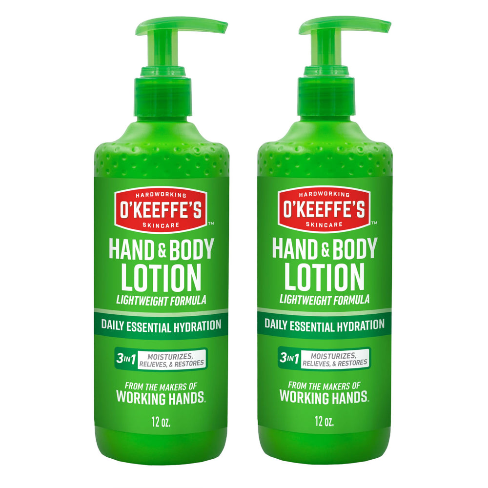 O'Keeffe's hand and body lotion pump 12oz 2-pack shown for easy daily hydration.