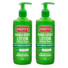 O'Keeffe's hand and body lotion pump 12oz 2-pack shown for easy daily hydration.