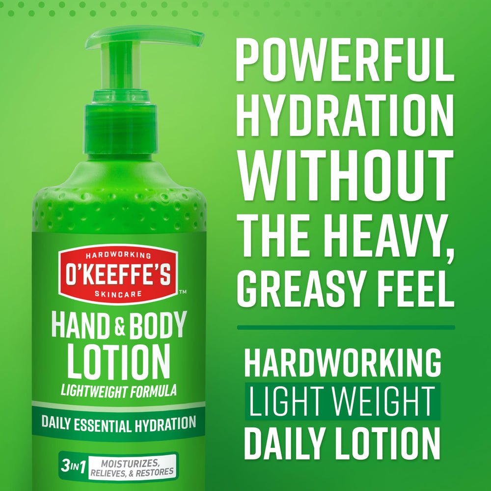 O'Keeffe's hand and body lotion texture close-up highlights non-greasy absorption.