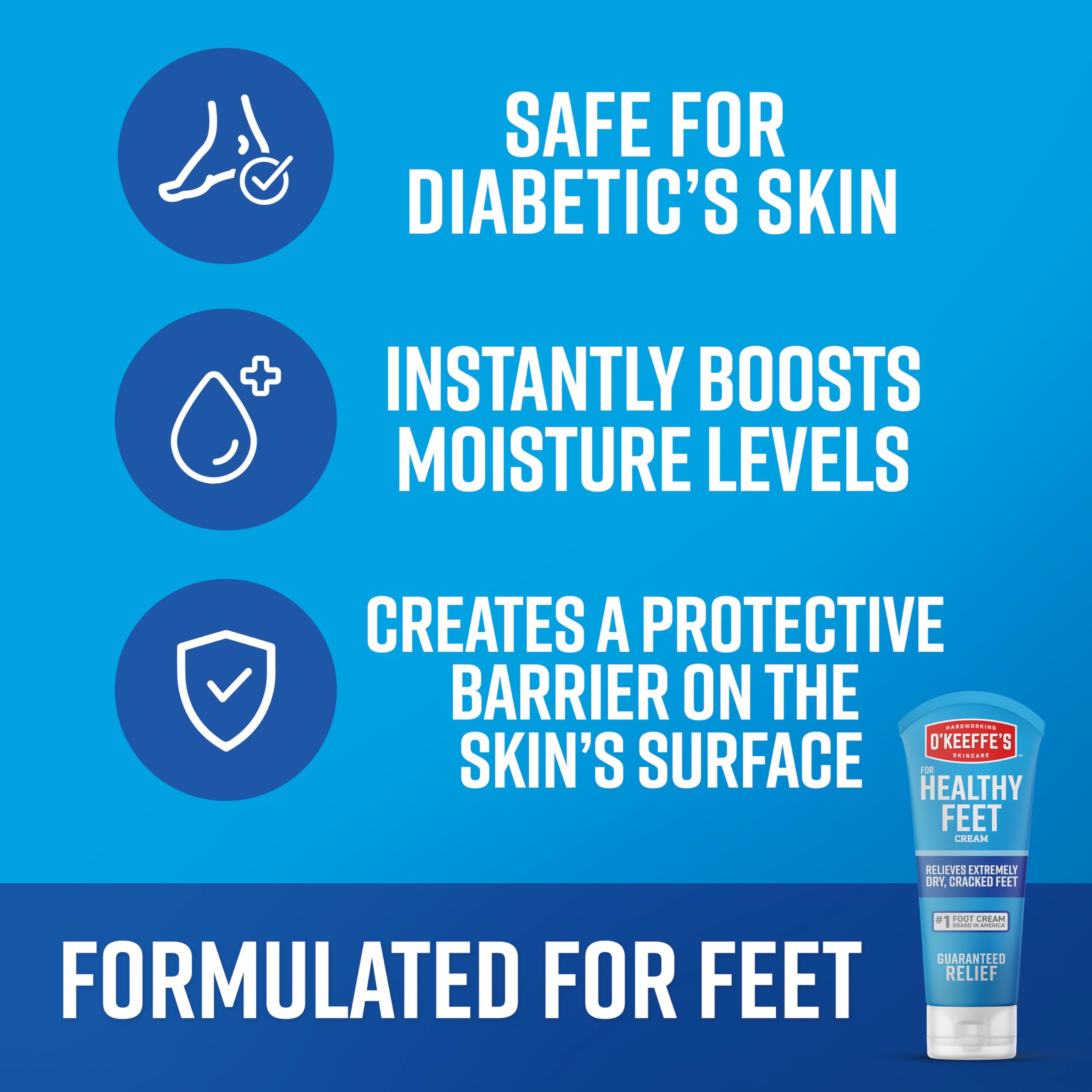 O'Keeffe's Healthy Feet foot cream texture closeup emphasizes non-greasy, unscented formula for daily use.