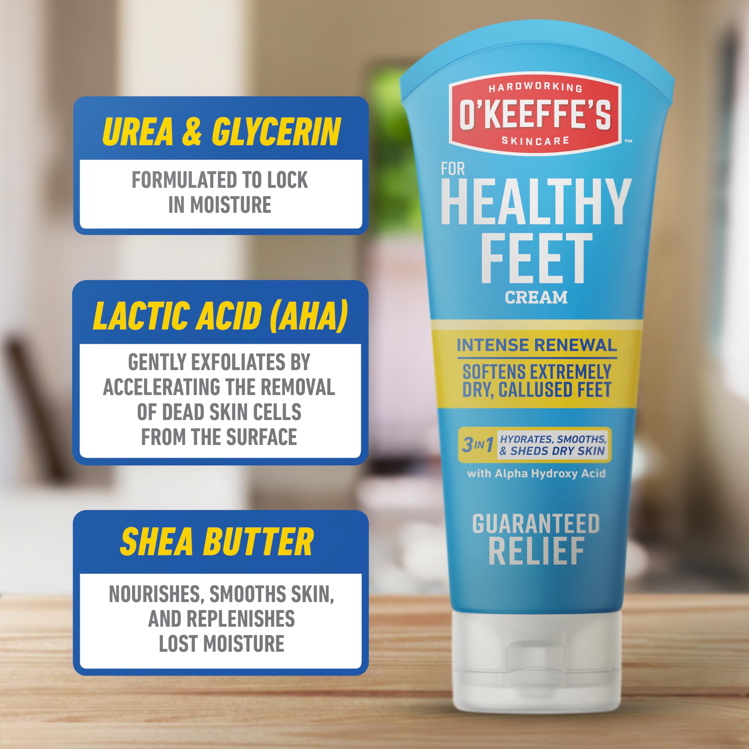 Back of the O'Keeffe's tube highlights ingredients like AHAs and urea for exfoliation and moisture.