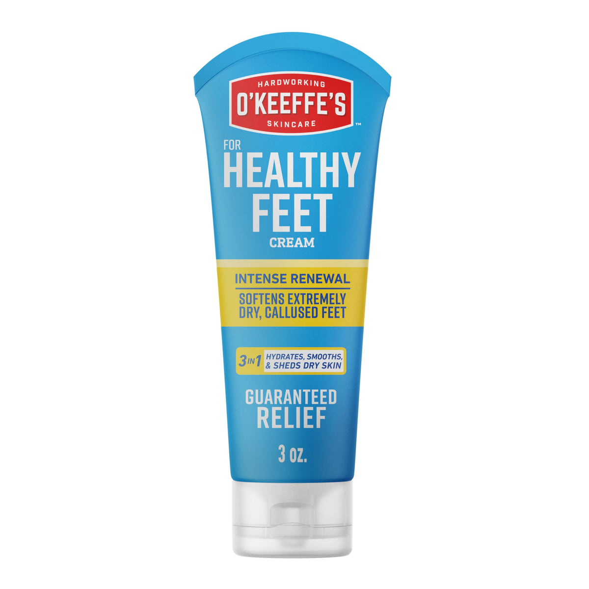 O'Keeffe's Healthy Feet Intense Renewal Cream tube front promotes on-the-go hydration.