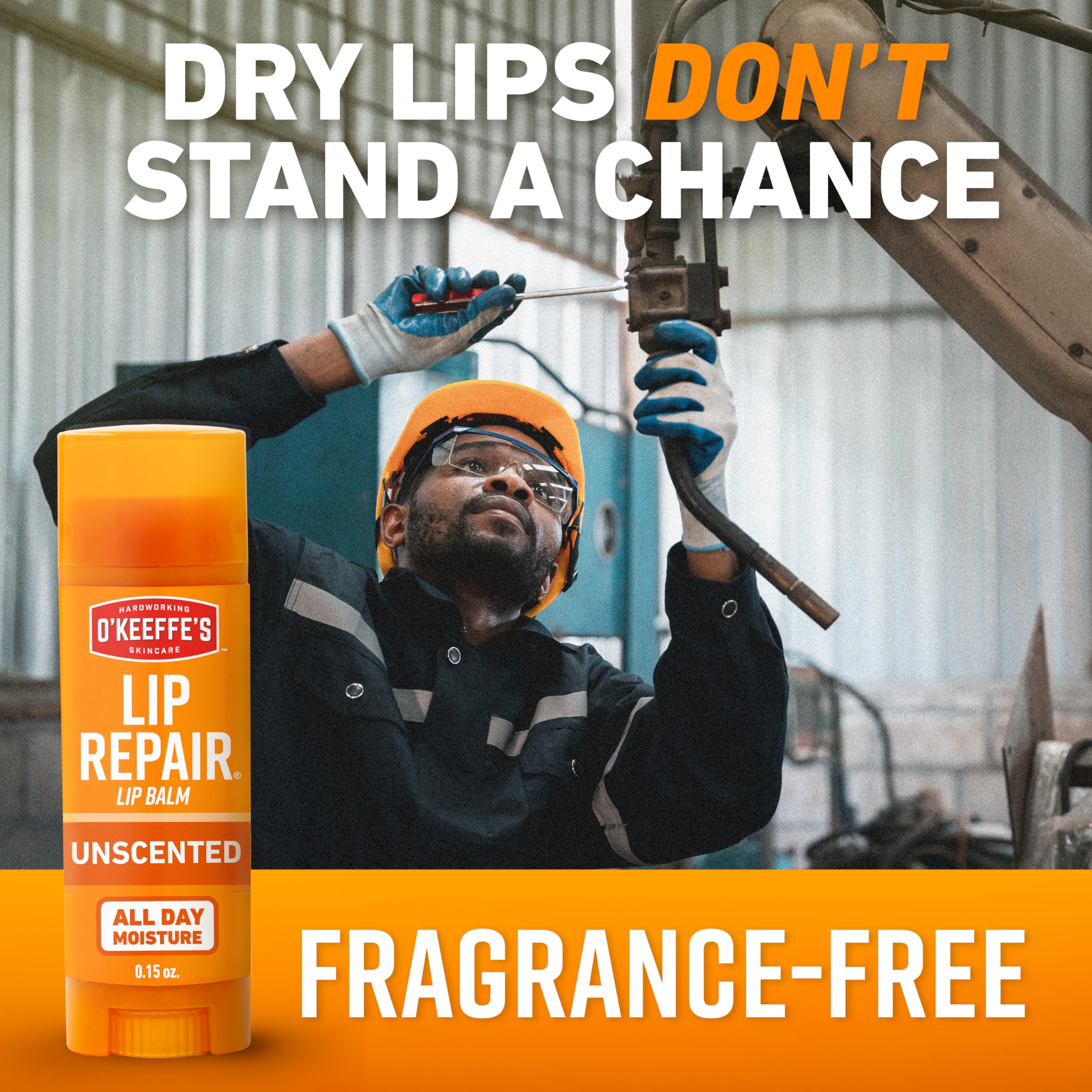 O'Keeffe's Lip Repair 3-pack product shot emphasizes long-lasting moisture.