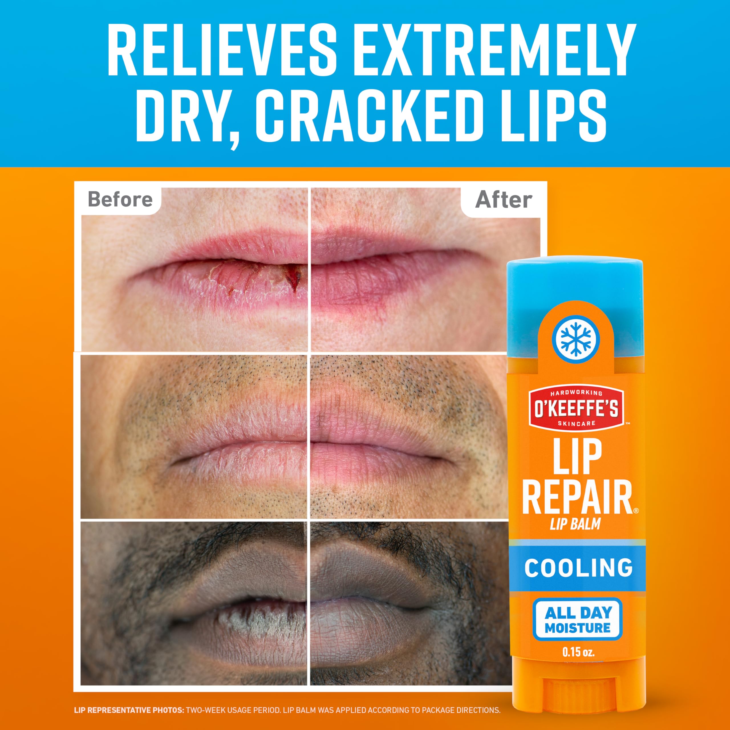 O'Keeffe's Lip Repair Cooling Relief packaging highlights peppermint cooling sensation.