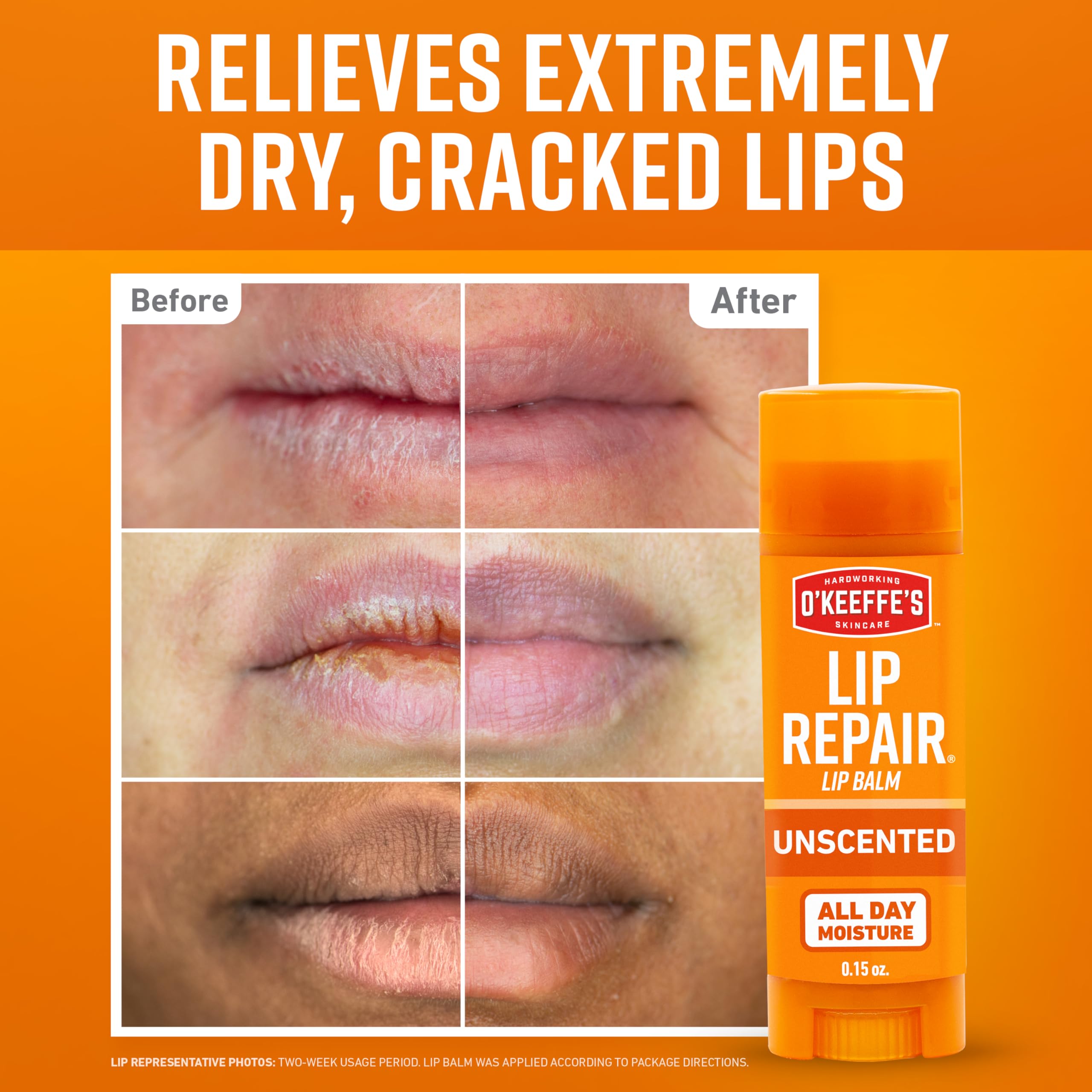 O'Keeffe's Lip Repair application close-up for quick relief of cracked lips.