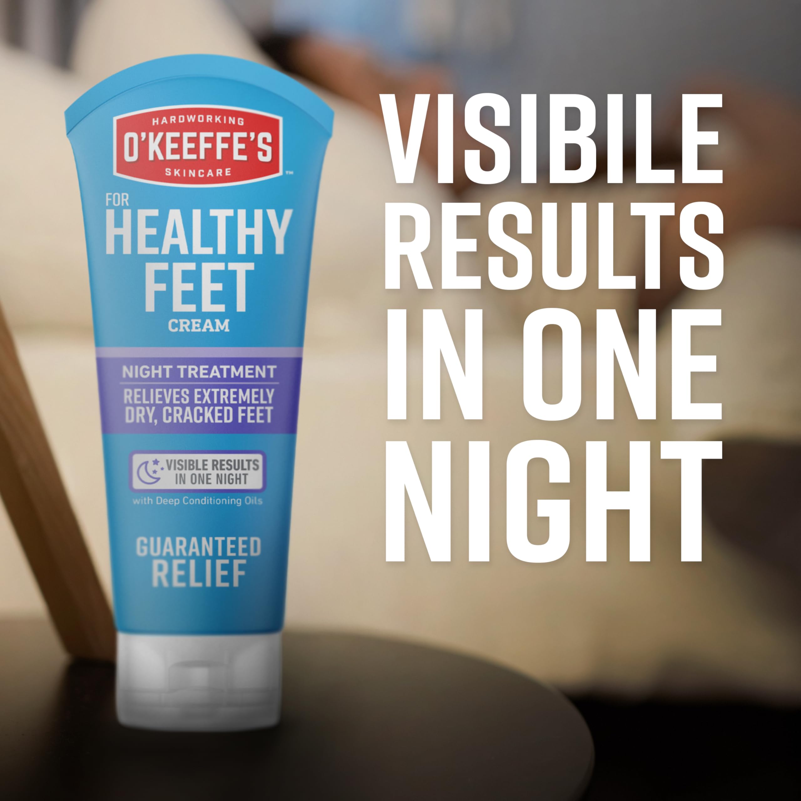 Night Treatment on bedside table as part of nightly routine with feet in view.