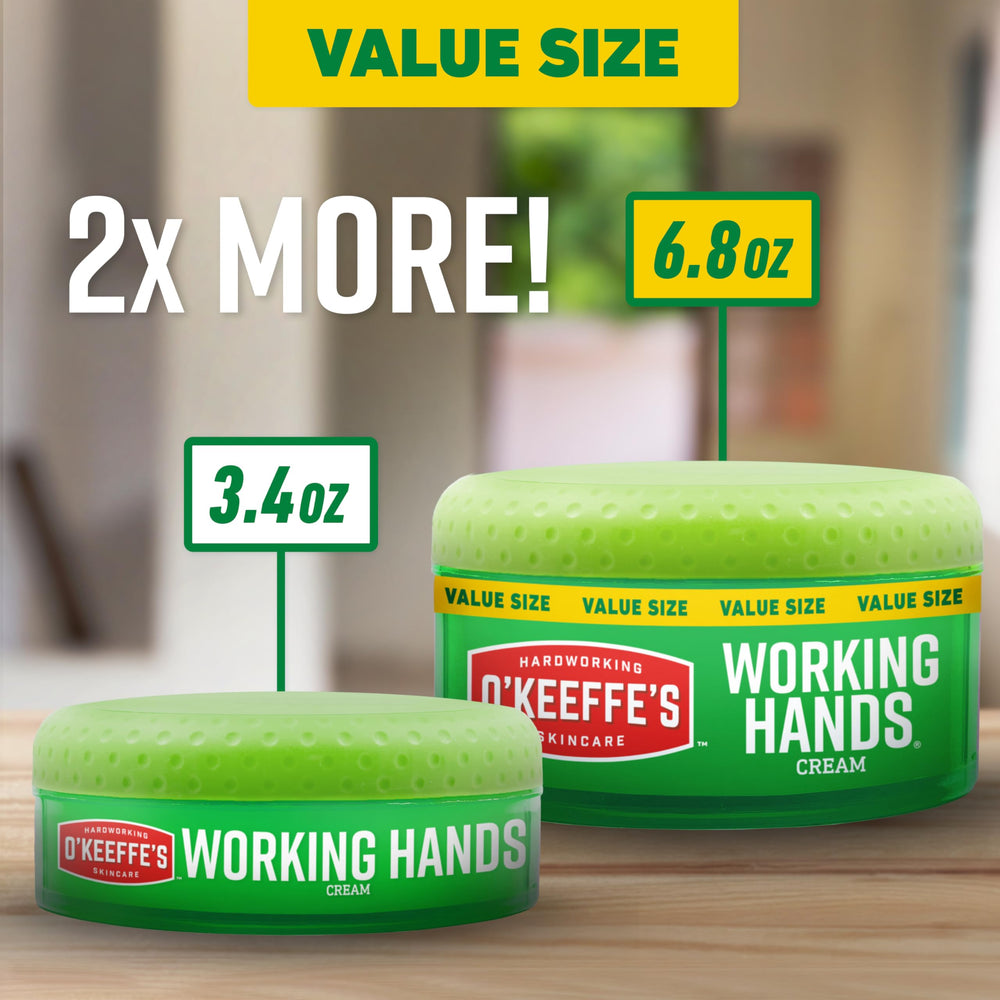 O'Keeffe's Working Hands jar highlights hypoallergenic, diabetes-safe formula.
