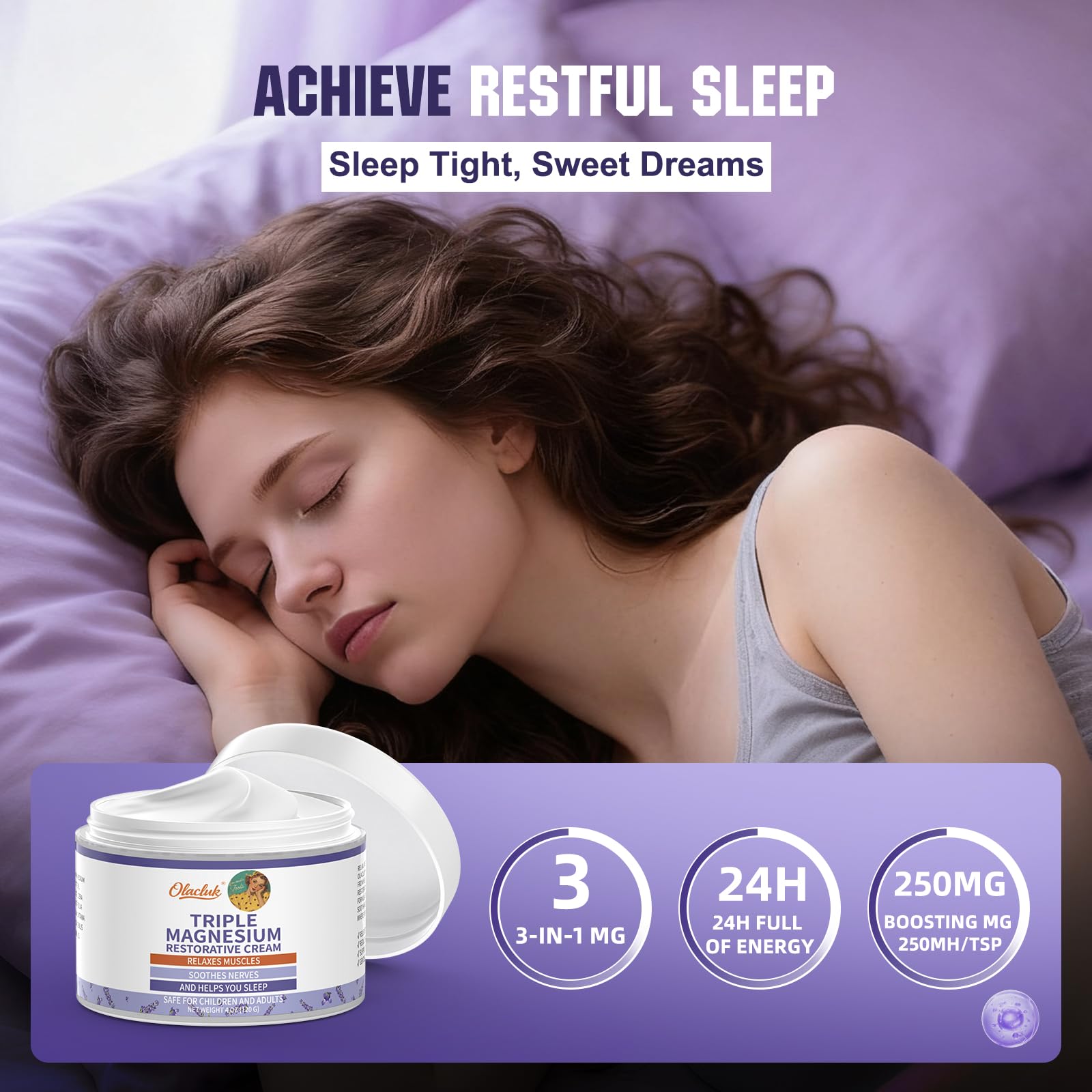 OLACLUK magnesium lotion lavender-drops highlights soothing essential oil for bedtime comfort.