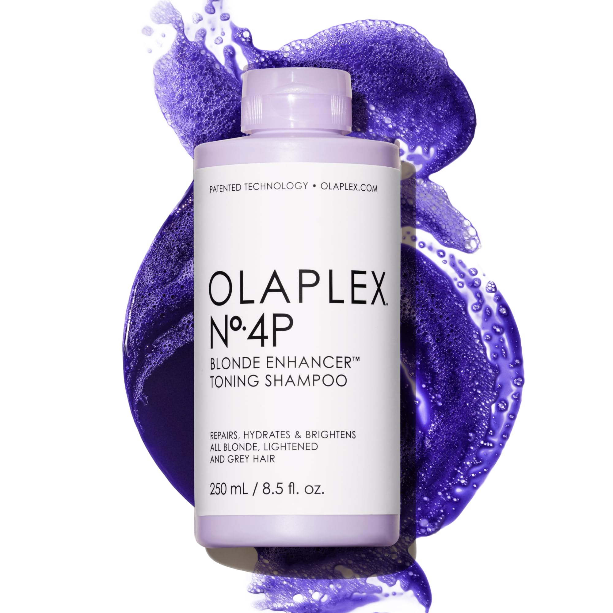 Olaplex 4P bottle demonstrates brass-neutralizing purple toning for blond hair.