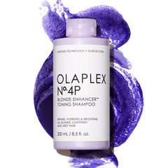 Olaplex 4P bottle demonstrates brass-neutralizing purple toning for blond hair.