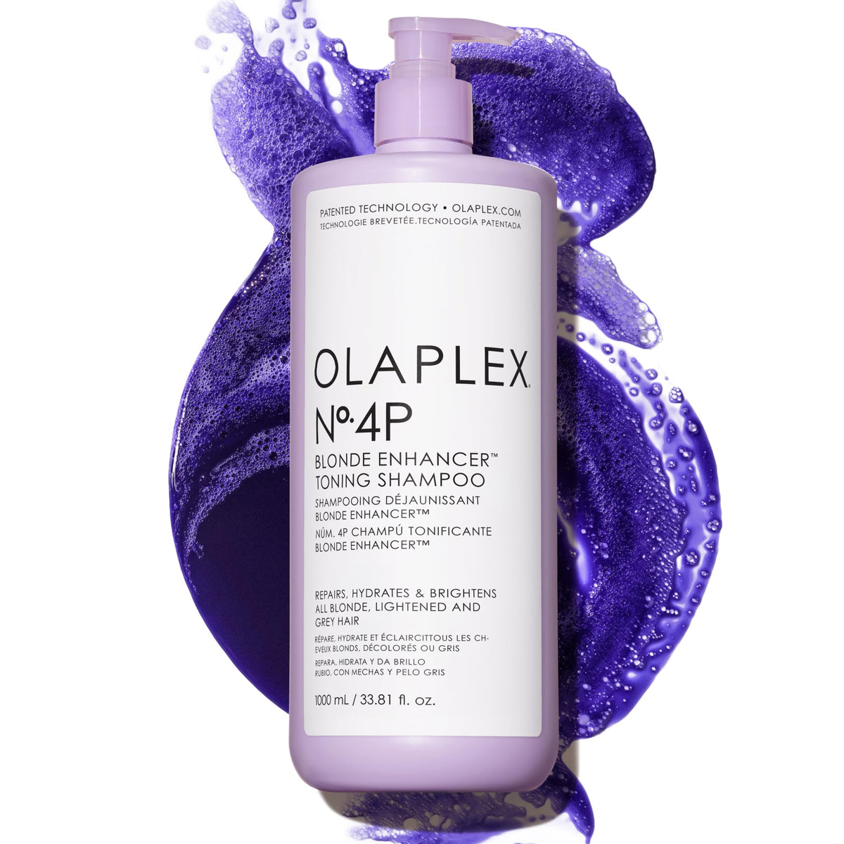 Olaplex Nº4P bottle pours purple shampoo to start brass neutralization and toning