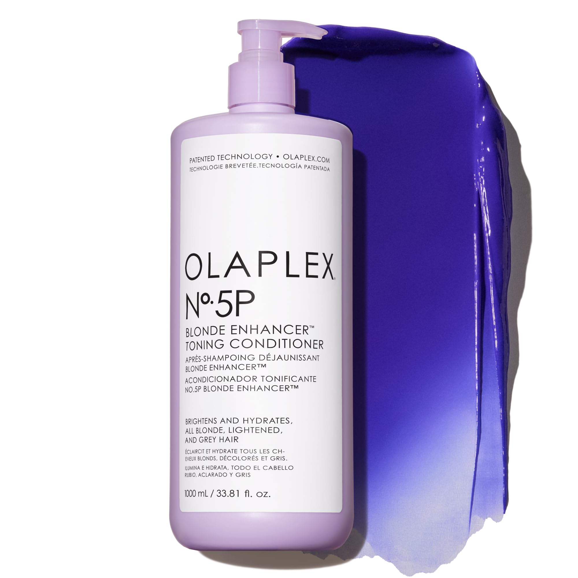 Olaplex N°5P bottle closeup showing purple toning for brassiness reduction.
