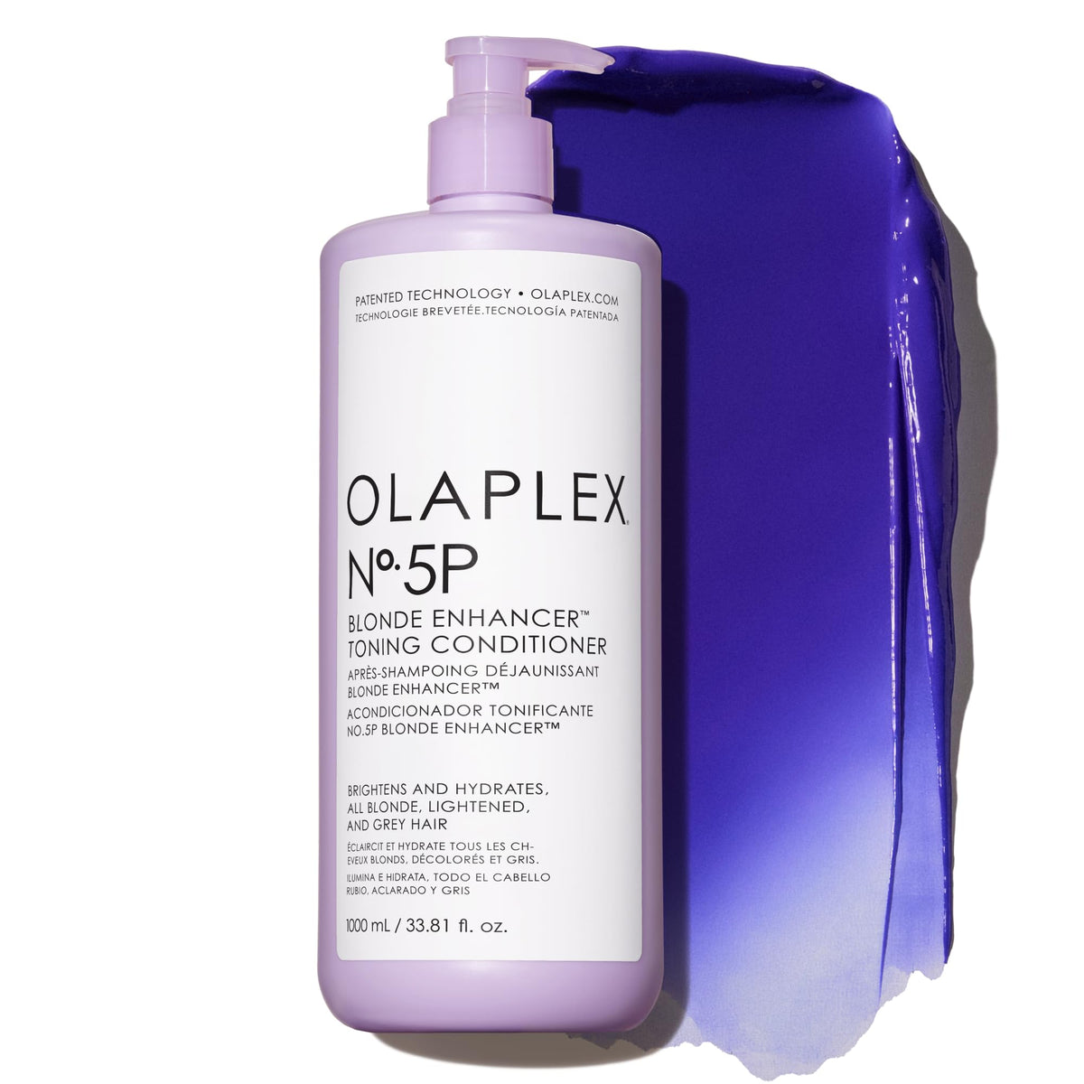 Olaplex N°5P bottle closeup showing purple toning for brassiness reduction.