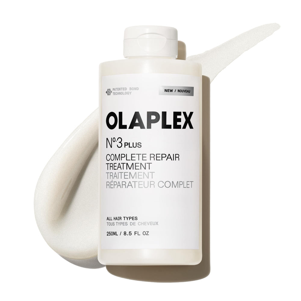 Olaplex N°3PLUS bottle close-up highlighting bond-building formula for hair repair