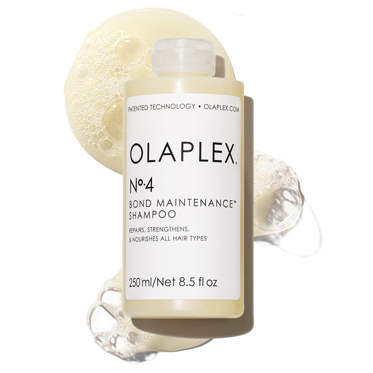 Olaplex N4 bottle close-up showing bond-strengthening formula.