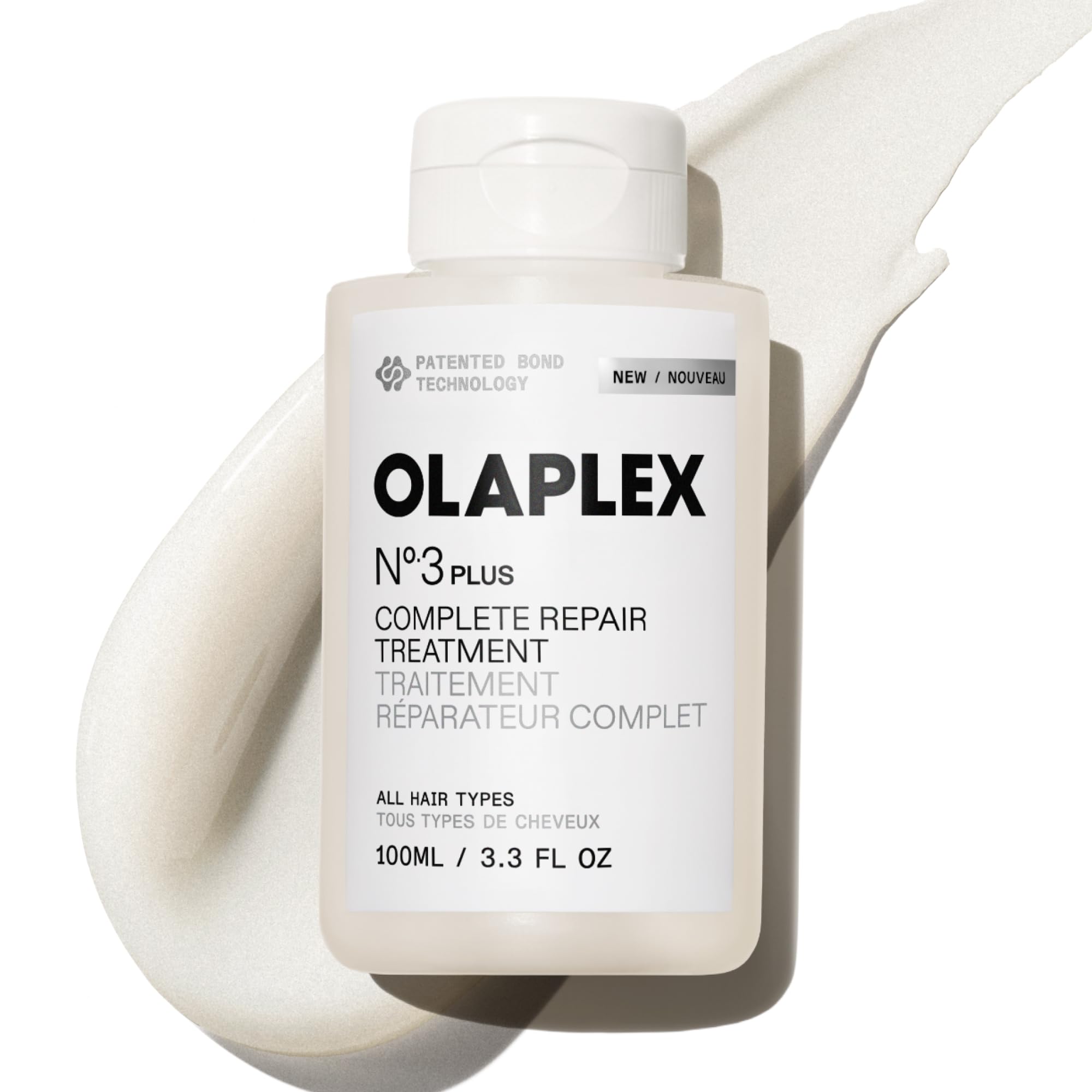 Olaplex No.3Plus bottle pour showing quick pre-shampoo repair for stronger hair.