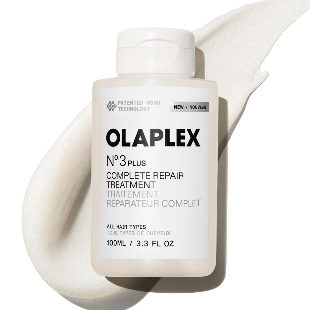 Olaplex No.3Plus bottle pour showing quick pre-shampoo repair for stronger hair.