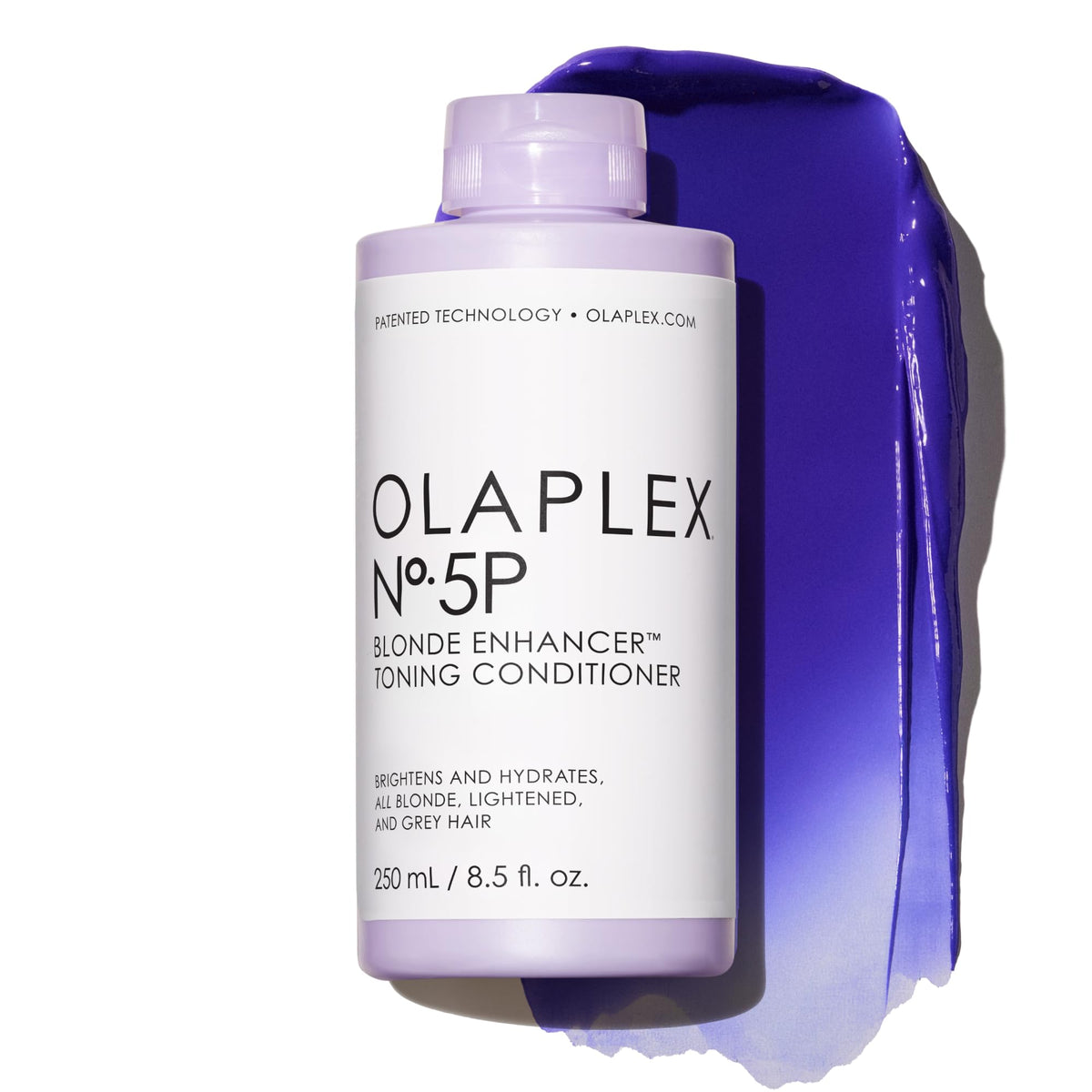 Olaplex No.5P Purple Toning Conditioner bottle neutralizes brassiness for brighter blond tones