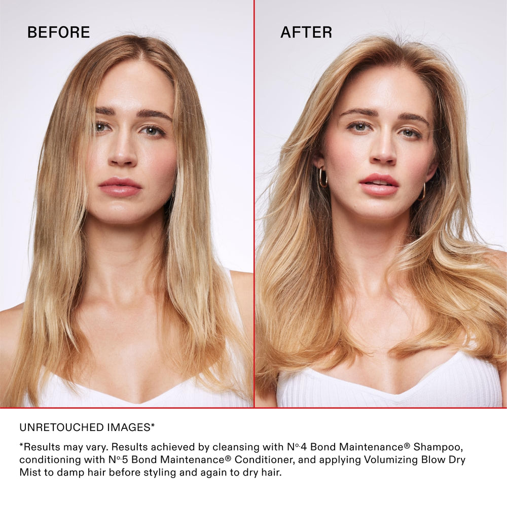 Olaplex Volumizing Blow Dry Mist round brush use demonstrates lift.