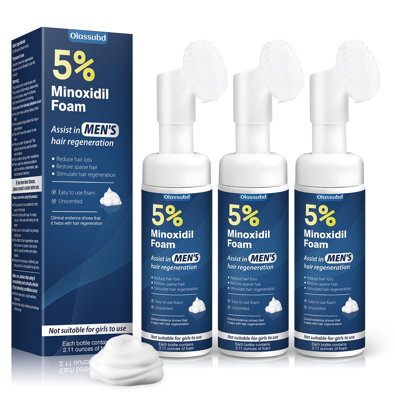 Olassubd Minoxidil 5% foam bottle for easy daily dosing and scalp care.