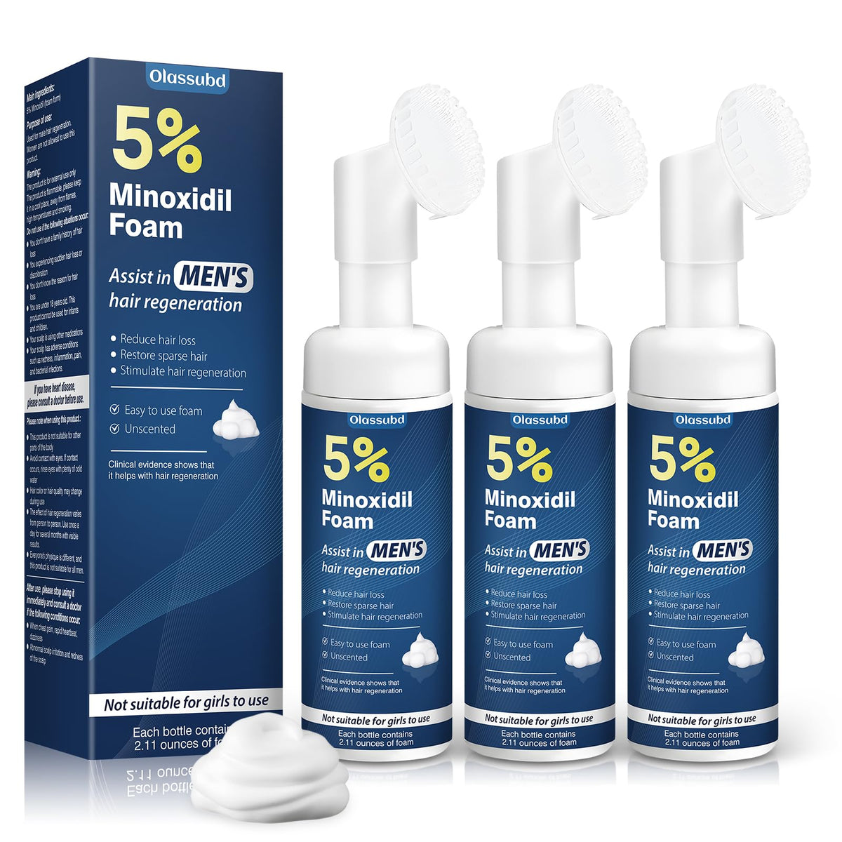 Olassubd Minoxidil 5% foam bottle for easy daily dosing and scalp care.