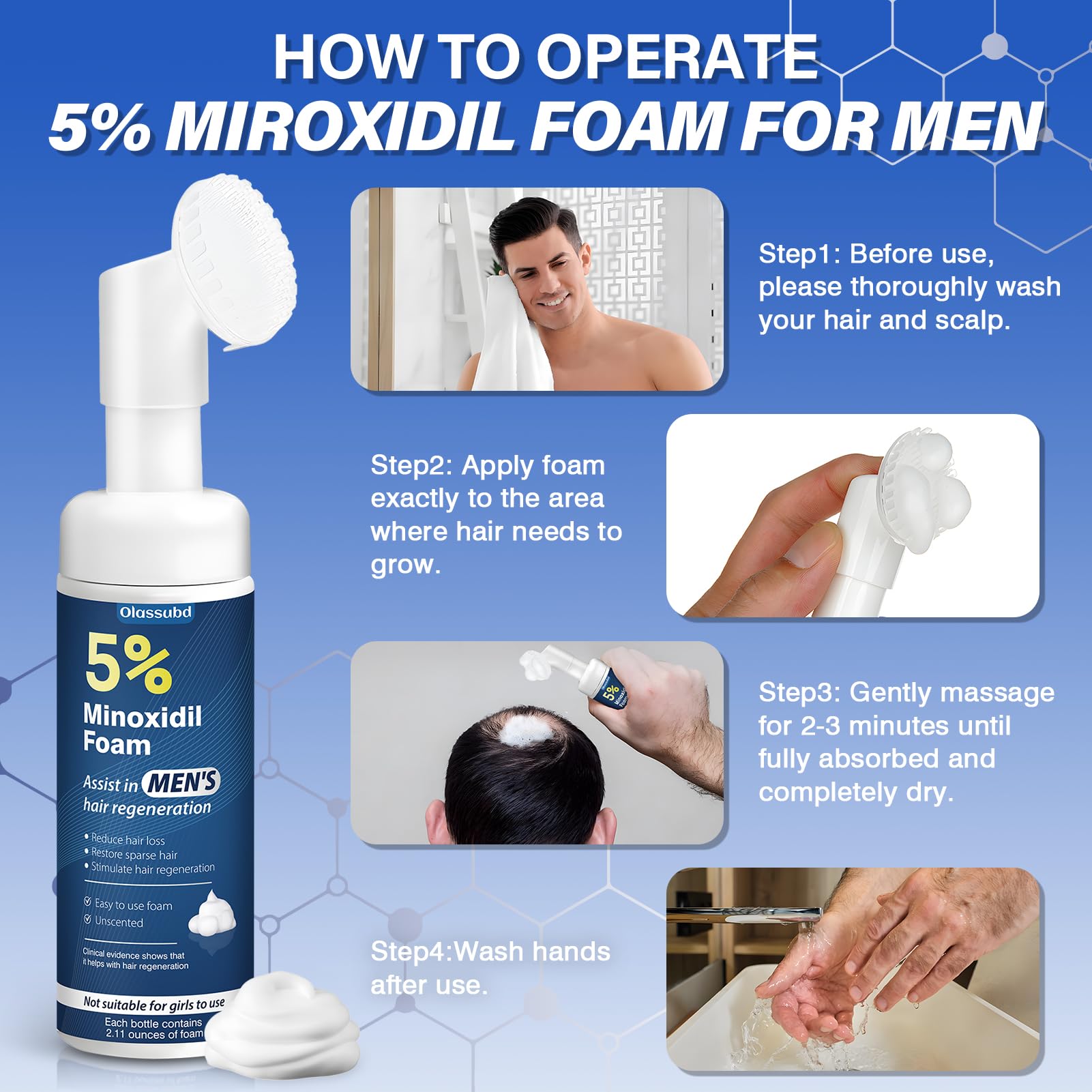 Olassubd Minoxidil foam on scalp illustrates nourishing environment for healthier hair.