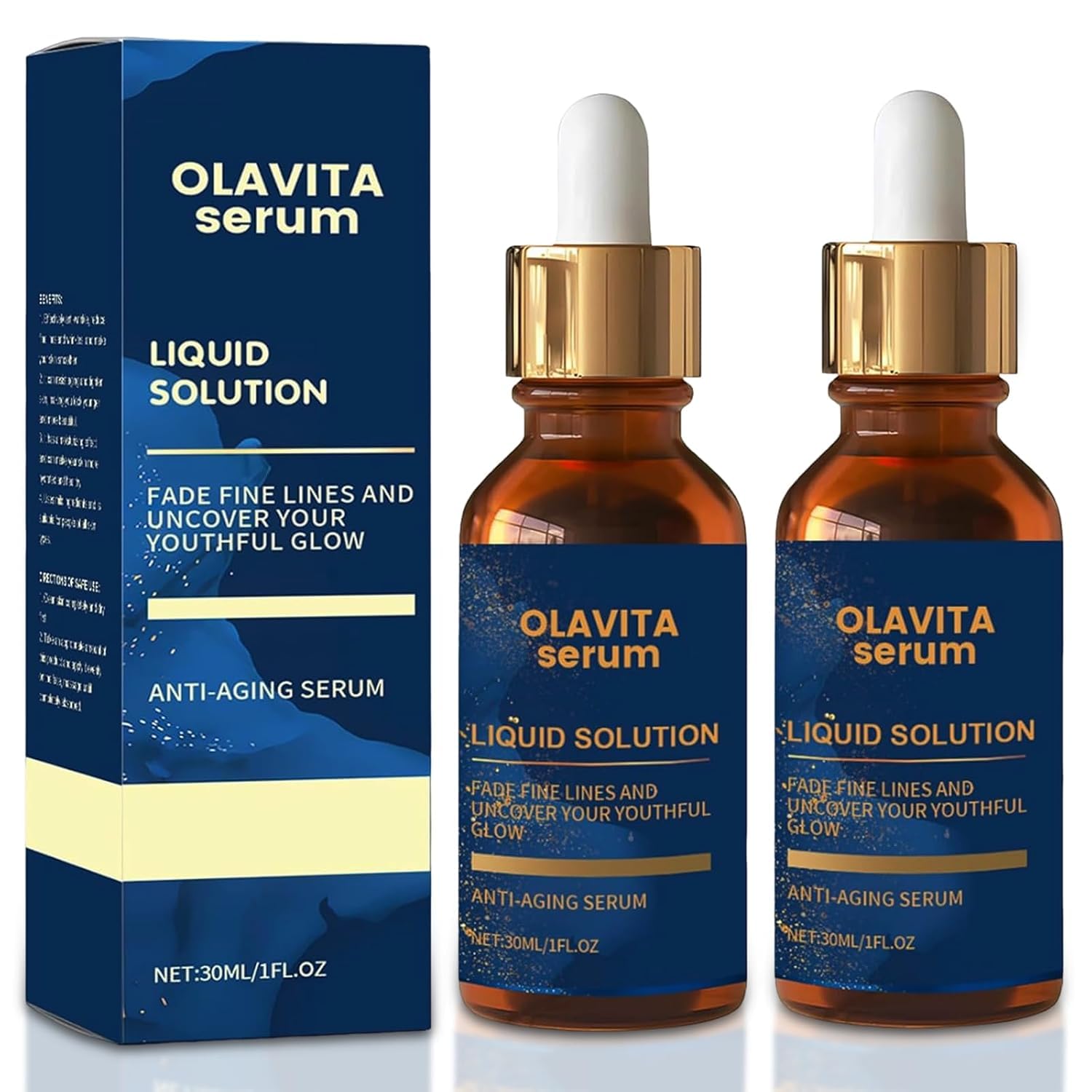 Olavita Serum bottle close-up highlighting hydrating anti-aging properties for radiant skin