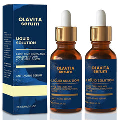 Olavita Serum bottle close-up highlighting hydrating anti-aging properties for radiant skin