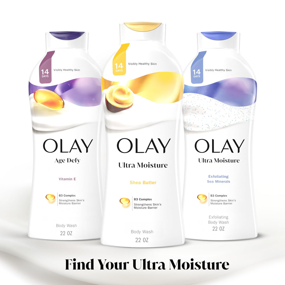 OLAY 24hr moisturizing bottle set in a morning routine scene.