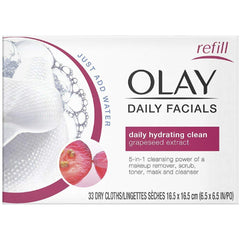 Olay 5-in-1 daily facial cloths normal pack-shot showing cleansing and makeup removal
