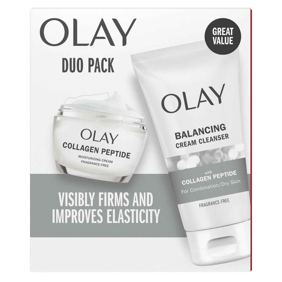 Olay Collagen Peptide Duo Pack bottle—fragrance-free moisturizer for daily hydration