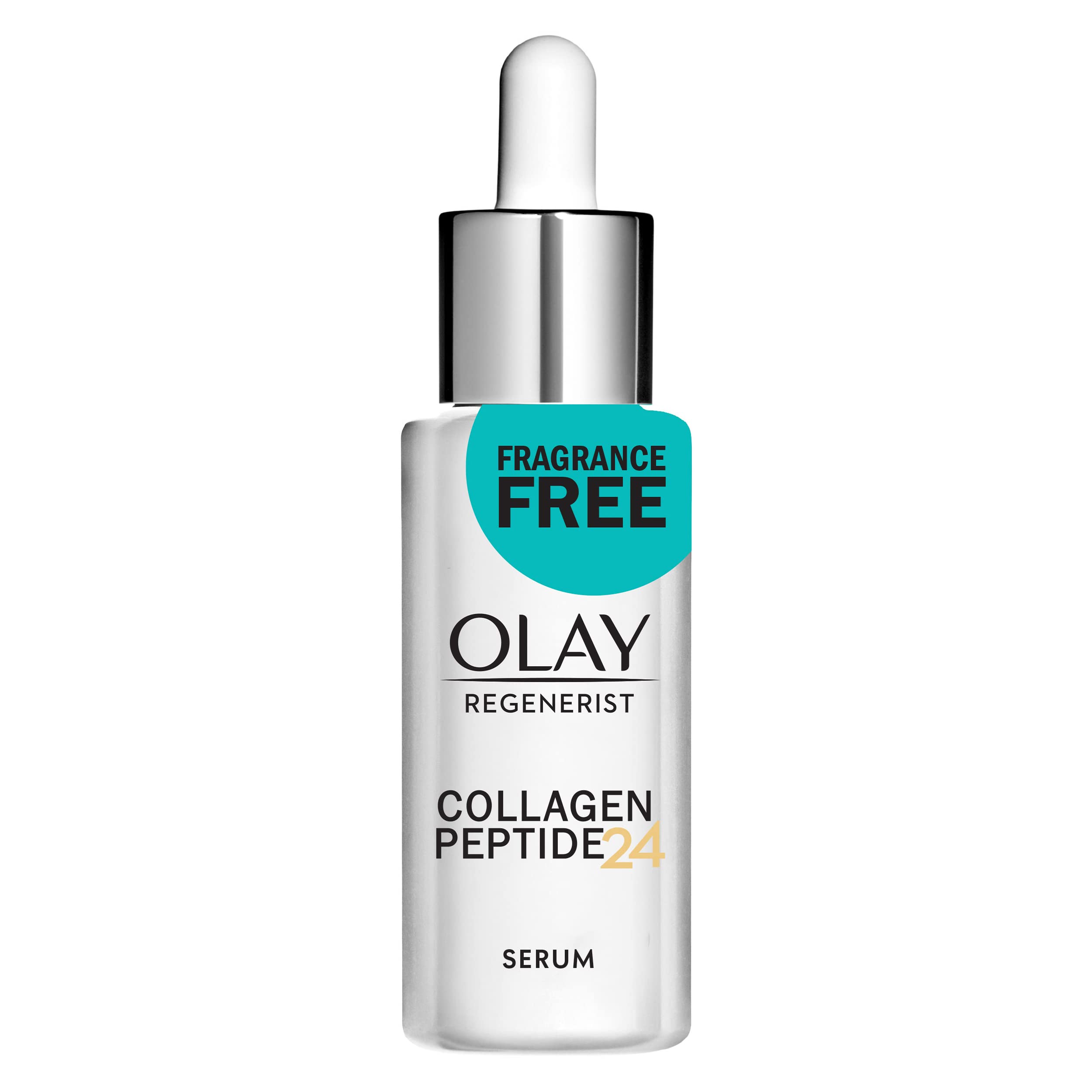 Close-up of Olay Collagen Peptide Serum highlighting fragrance-free, fast-absorbing texture.
