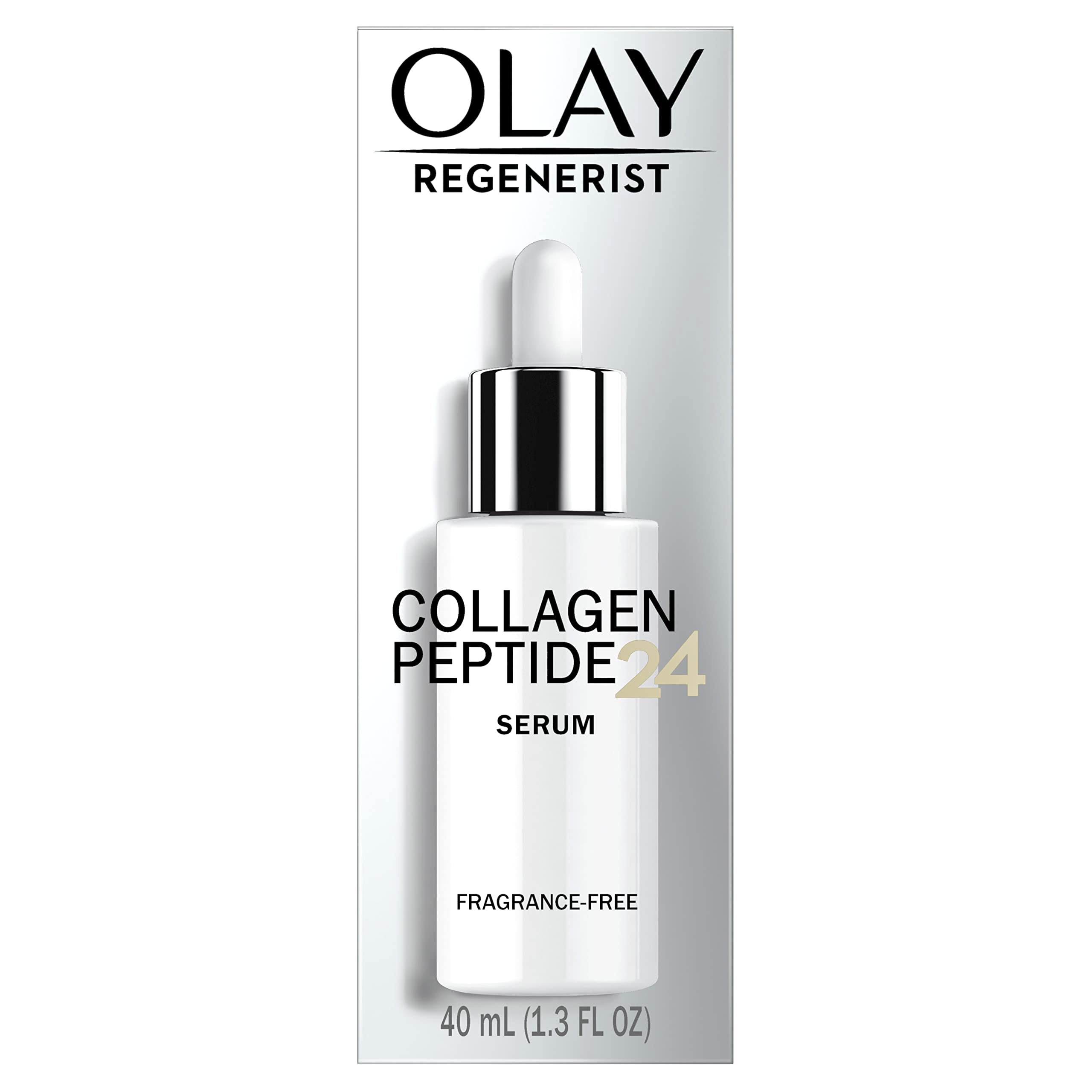 Olay Collagen Peptide Serum bottle delivering 24-hour hydration for plump, rested skin.