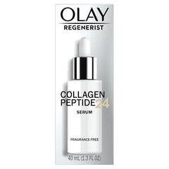 Olay Collagen Peptide Serum bottle delivering 24-hour hydration for plump, rested skin.