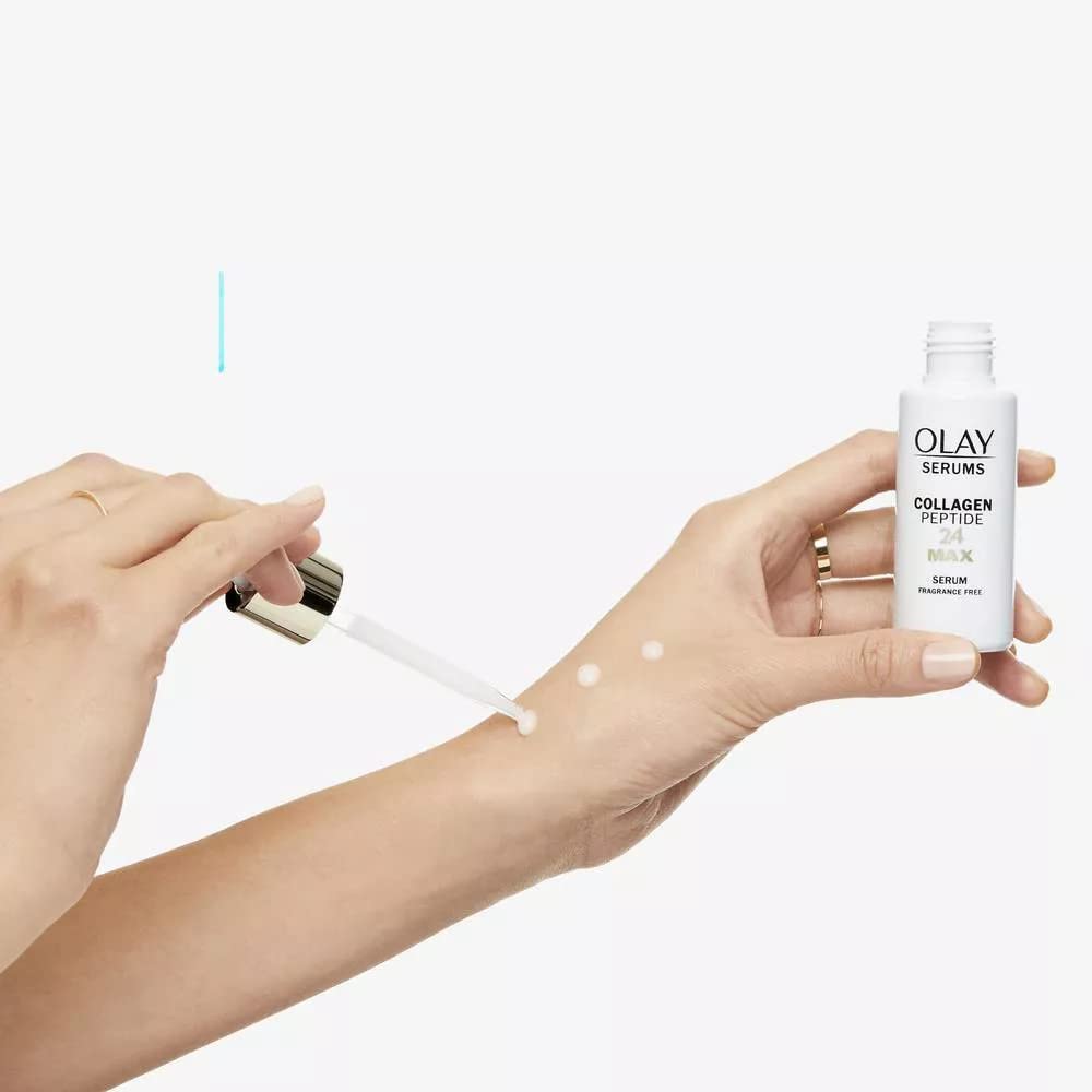Olay Collagen Peptide Serum MAX packaging highlights fragrance-free, paraben-free care.